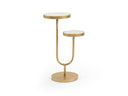 Modern End Table - Maximo round pedestal side table with two-tier tabletops and a gold-tone metal frame.