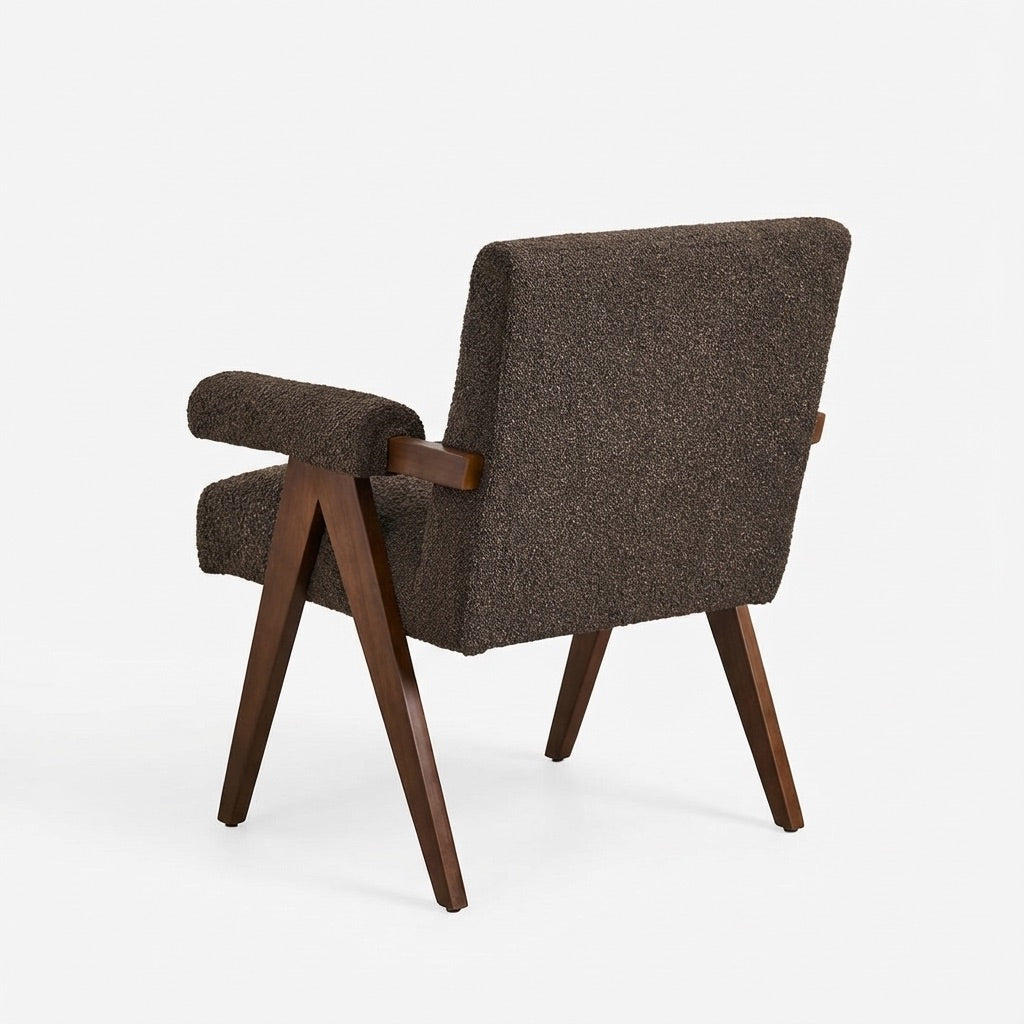 Eddie Dining Chair with Armrests in Wood and Bouclé Fabric