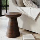 Marcellus round dark brown solid wood end table with ribbed pedestal base styled in a room