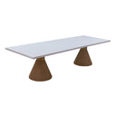 Front view of the Skyler natural-finish dining table showing its long rectangular top and two matching tapered pedestal legs.