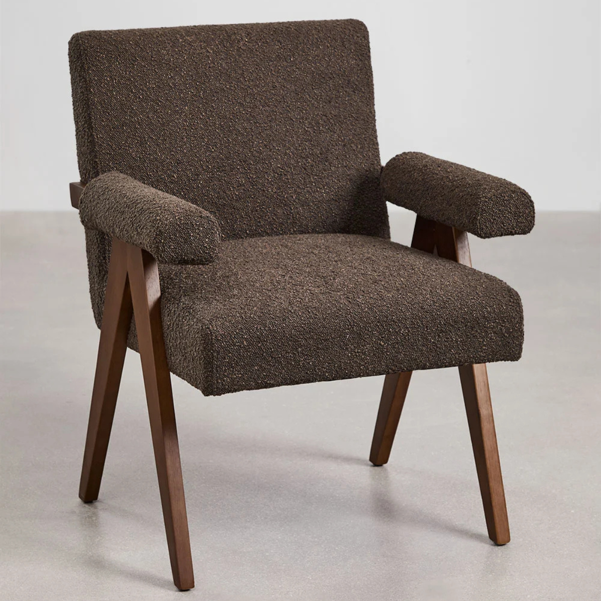 Eddie Dining Chair with Armrests in Wood and Bouclé Fabric