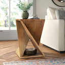 Legacy natural solid wood geometric prism end table styled with lower storage shelf