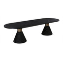 Skyler Oval 8 Seater Dining Table featuring a dark wood tabletop and two sculptural black cone-shaped pedestal bases.