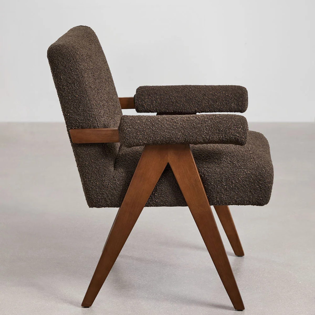 Eddie Dining Chair with Armrests in Wood and Bouclé Fabric
