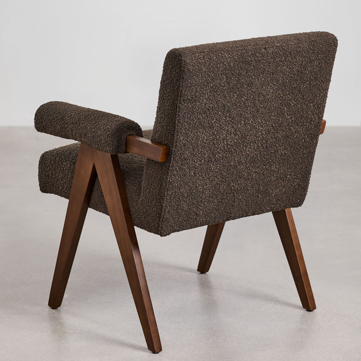 Eddie Dining Chair with Armrests in Wood and Bouclé Fabric