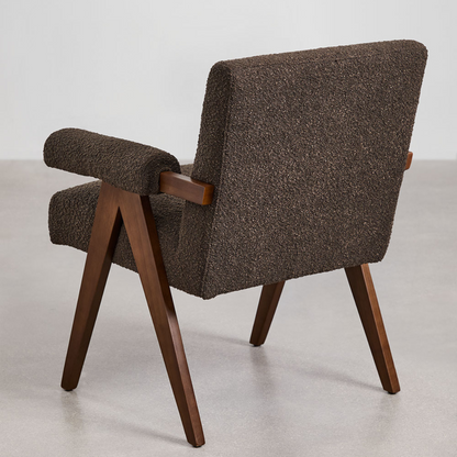 Eddie Dining Chair with Armrests in Wood and Bouclé Fabric