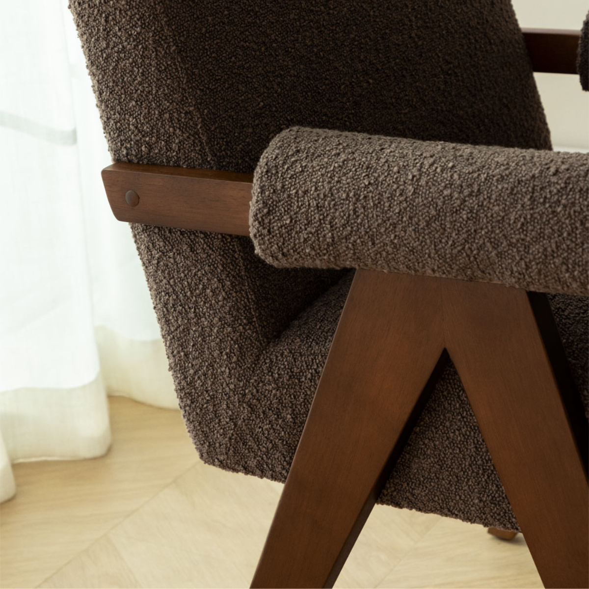 Eddie Dining Chair with Armrests in Wood and Bouclé Fabric