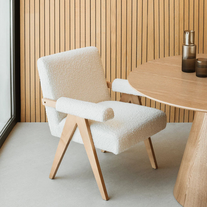 Eddie Dining Chair with Armrests in Wood and Bouclé Fabric