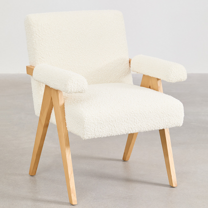 Eddie Dining Chair with Armrests in Wood and Bouclé Fabric