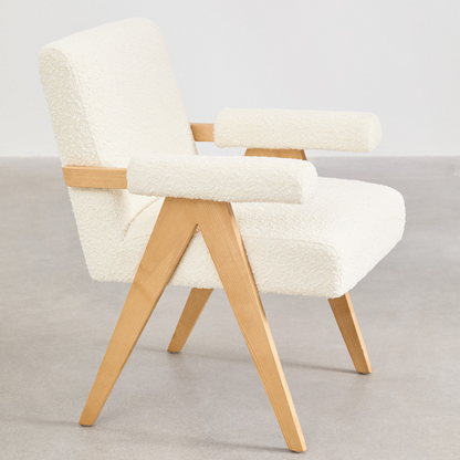 Eddie Dining Chair with Armrests in Wood and Bouclé Fabric