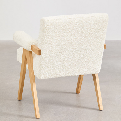 Eddie Dining Chair with Armrests in Wood and Bouclé Fabric