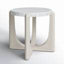 Cullen round white marble end table side studio view showcasing light grey arched wood cross legs