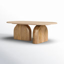 Alvin travertine marble coffee table three-quarter studio angle showing arched wooden block base