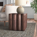 Keaton dark brown solid wood square end table styled in a living room
