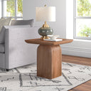 Maximo square solid wood pedestal end table with arched block base styled in a room