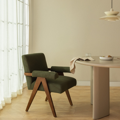 Eddie Dining Chair with Armrests in Wood and Bouclé Fabric