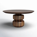 Rey round dark walnut coffee table straight-on side view with double stacked base