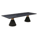 Skyler Solid Wood 8 Seater Dining Table in black with textured rectangular top and cone-shaped pedestal legs in an elegant dining room.