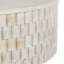 Close up texture detail of stacked cylindrical wood blocks on Khari coffee table drum base