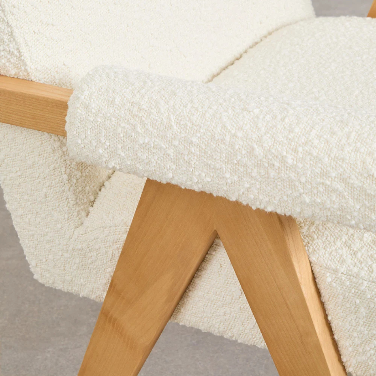 Eddie Dining Chair with Armrests in Wood and Bouclé Fabric