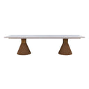 Close-up view of the Skyler dining table pedestal with a woven-textured natural brown base and gold-toned accent beneath the tabletop.