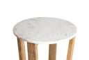 Close up angle view of Forest end table corner showing round white marble top and wooden leg joints