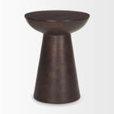 Marcellus round dark brown solid wood end table side studio view showcasing ribbed pedestal base