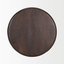 Top down view of Lian round end table showing dark brown wood grain texture