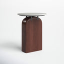 Trace round marble top side table three-quarter studio view showcasing arched wood pedestal base