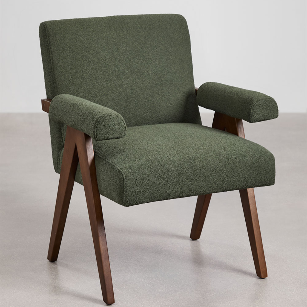 Eddie Dining Chair with Armrests in Wood and Bouclé Fabric