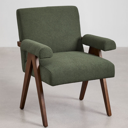 Eddie Dining Chair with Armrests in Wood and Bouclé Fabric
