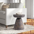 Drum Wooden Accent Table - Briar cylindrical side table with a dark brown distressed wood finish beside a sofa.