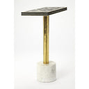 Caspian Bone Inlay End Table - rectangular geometric inlay top with a gold-tone pedestal and white stone base.