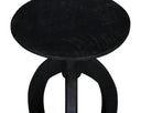 Close up high angle view of Cillian end table top showing black wood grain texture