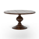 Close-up of the dark brown Hugh Dining Table pedestal, showcasing its rounded turned profile, polished wood finish, and detailed base.