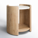 Casen round marble top end table three-quarter studio view showcasing curved light wood legs