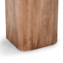 Close up view of Maximo end table base showing natural solid wood pedestal grain texture