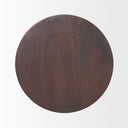Top down view of Marcellus round end table showing dark brown solid wood grain texture