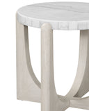 Close up angle view of Cullen end table showing white marble top and light grey oak frame