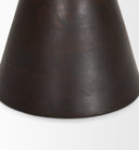 Close up front view of Lian end table base showing dark brown wood block construction and fine grain texture