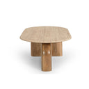 Alvin travertine marble coffee table short end profile view showing interlocking wooden base