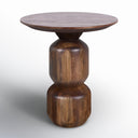 Tommy round dark brown solid wood end table side studio view showcasing stacked ball base