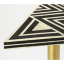 Caspian Bone Inlay End Table - close-up of the black and white geometric inlay tabletop with a gold-tone pedestal base.