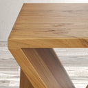 Macro horizontal profile of Legacy table showing natural wood grain tabletop and geometric frame