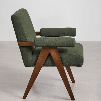 Eddie Dining Chair with Armrests in Wood and Bouclé Fabric