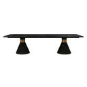 Skyler rectangular dining table in black finish shown at an angled view, featuring a textured wood top and two tapered pedestal bases.