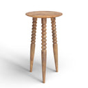 Ozzy light mango wood round end table with bobbin turned legs three-quarter studio view