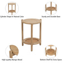 Jerry tiered end table infographic diagram outlining high-quality mango wood and woven rattan features