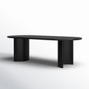 Angled front view of the black Kiaan Oval 6 Seater Dining Table showcasing its slim oval tabletop and two rounded pedestal legs.