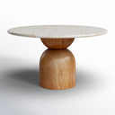 Vincenzo Outdoor Dining Table shown on a white background, featuring a round cream textured tabletop and rounded natural wood pedestal base.
